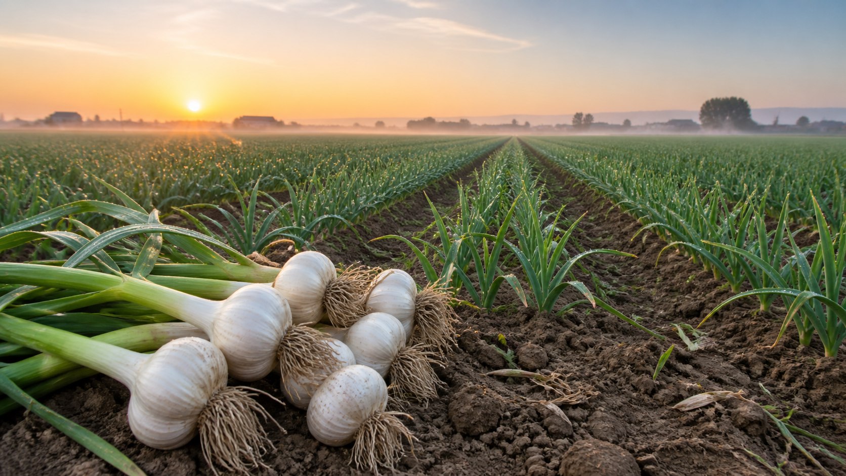 White garlic field at sunrise in Pizhou, Jiangsu