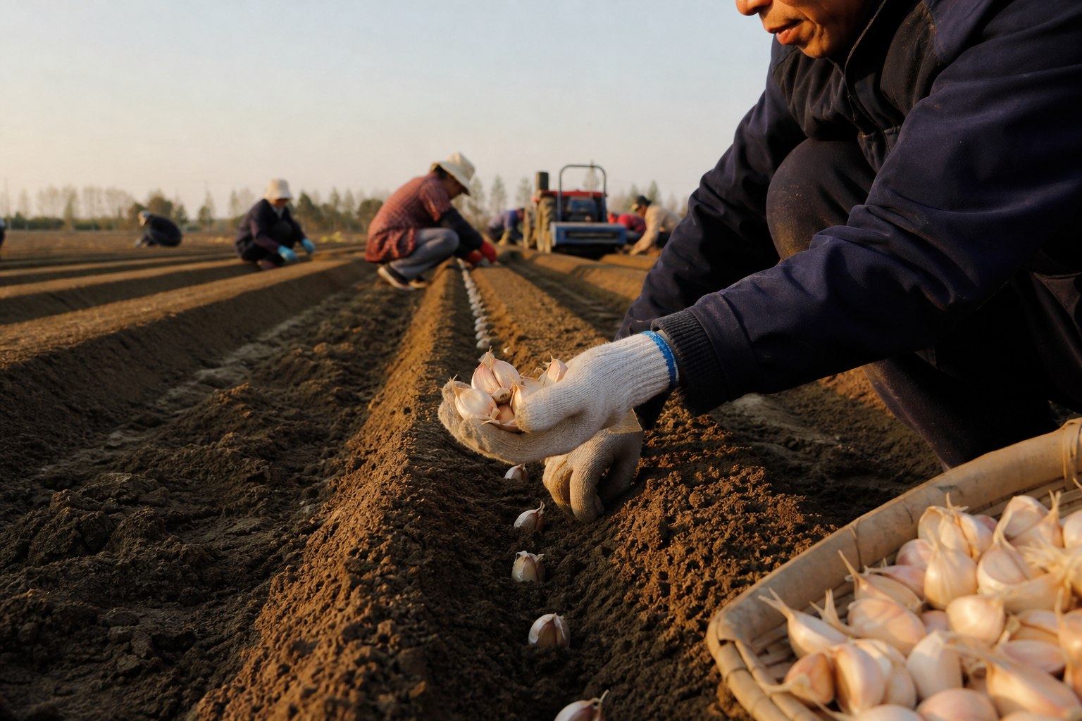 Garlic cloves being planted in prepared rows