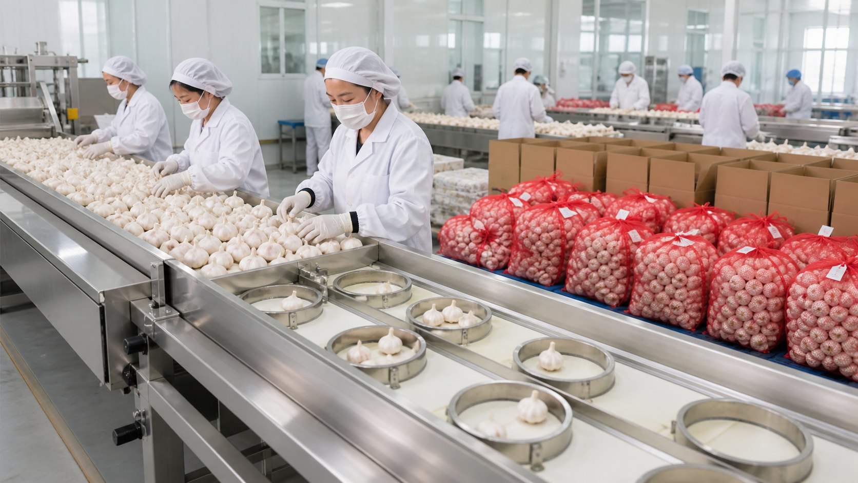 White garlic being inspected, graded and packed in a clean export facility