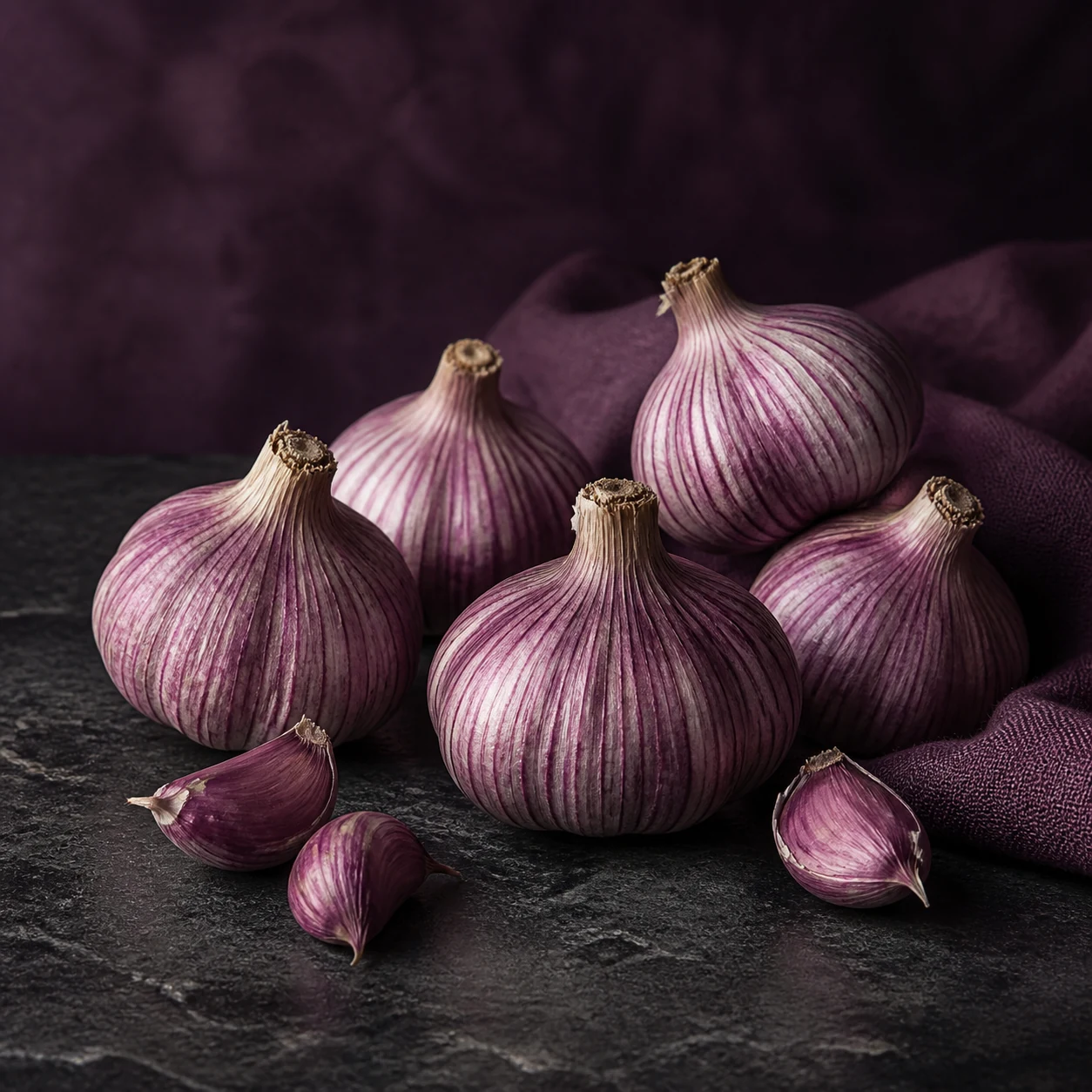 Purple-striped garlic bulbs and purple-skinned cloves