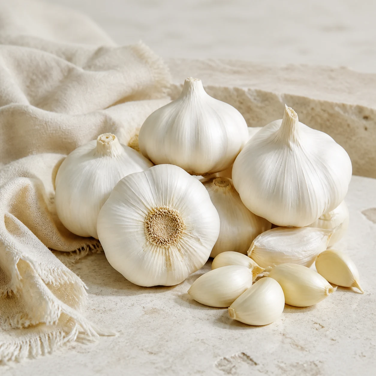 Clean white garlic bulbs and ivory-white cloves